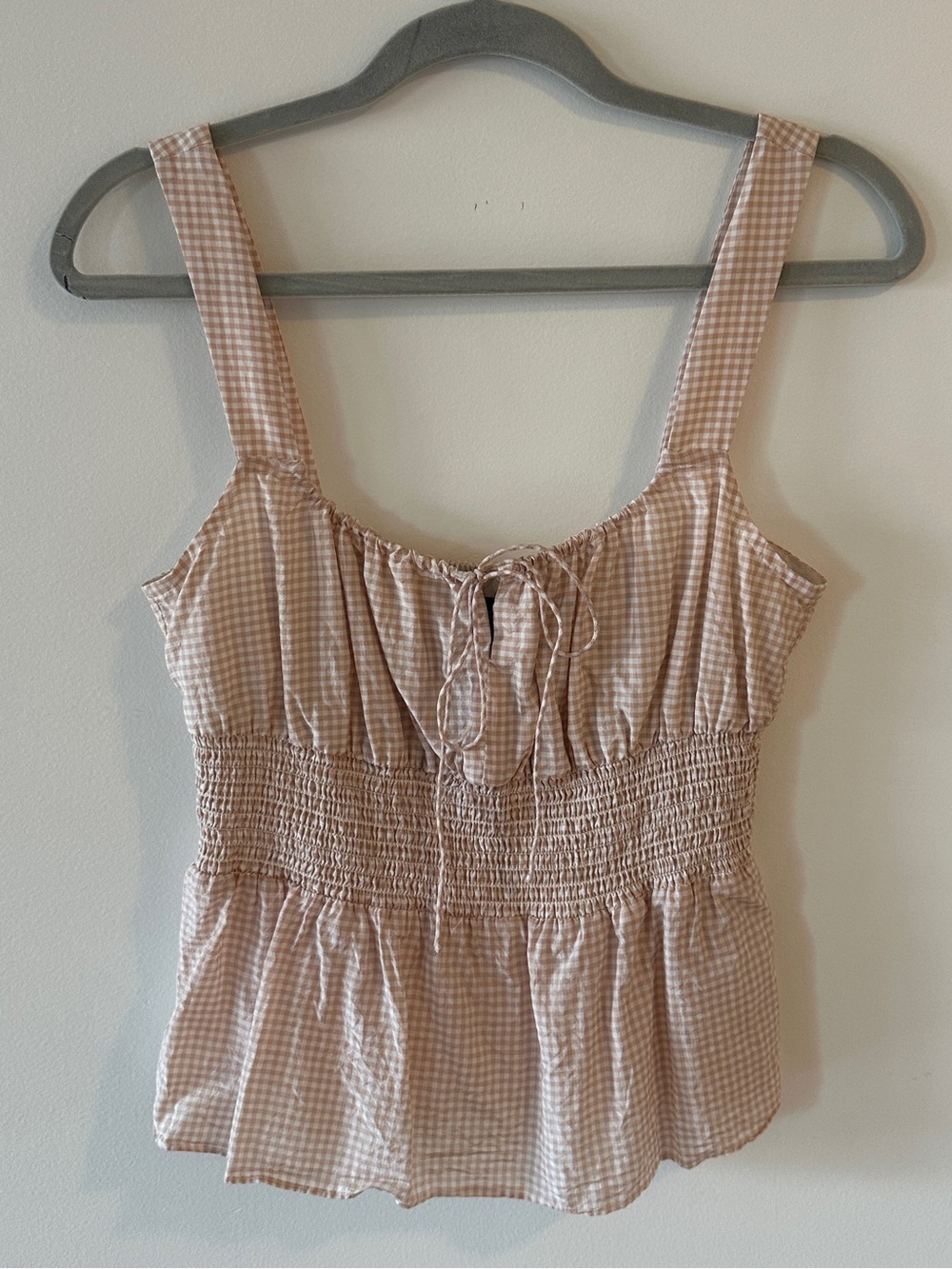 J.Crew Smocked Gingham Tie-Front Tank Top - Blush